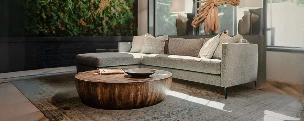 Modern gray sectional sofa with textured throw pillows and a large round wood coffee table in a bright, stylish living room with natural light and organic decor.